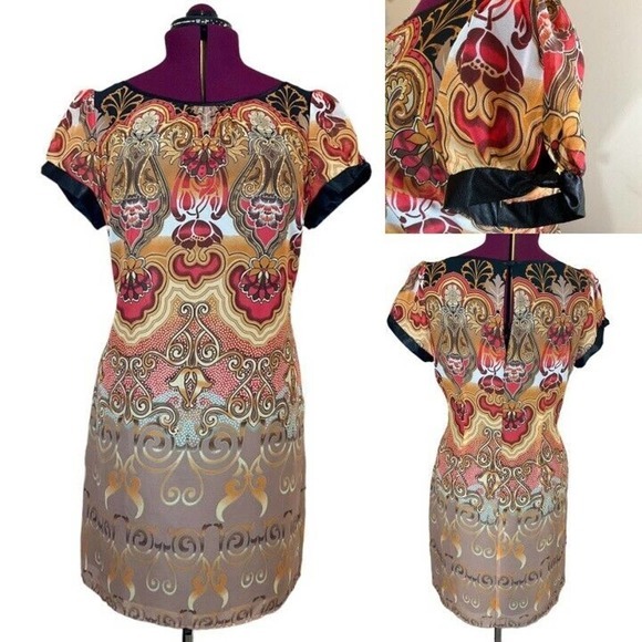 CATO Tropical Chiffon Dress Gold Red Browns Shortsleeved Lined Size 14 - Picture 1 of 16